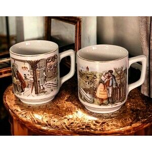 2 Antique Czech 1920's Cups Mugs Prodana Nevesta Bartered Bride & Tavern Coffee